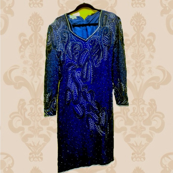 STUNNING VINTAGE KLEIN BLUE BEADED SILK DRESS! made in India - Picture 1 of 5
